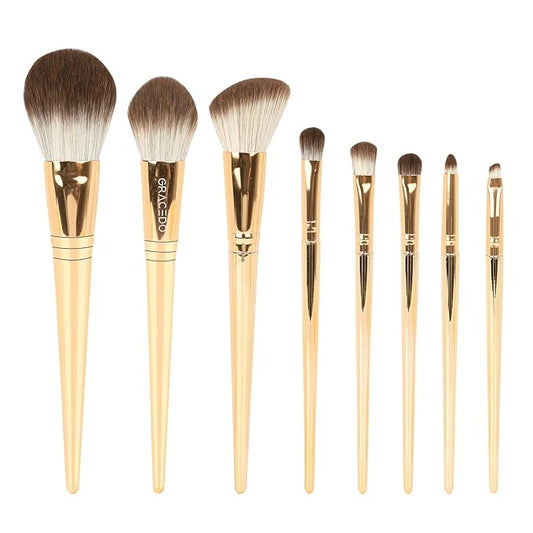 8pcs Gold Makeup Brush Set for All Skill Levels Easy Clean Soft Lint Free Brushes Travel Friendly Kit Foundation Powder Eyeshadow Blush Contour-Velvo Beauty