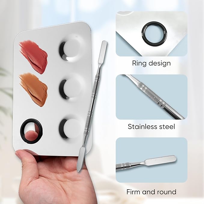 Stainless Steel Cosmetic Palette with Spatula, 3-well Mixing Makeup Palette and 3-dents Nail-art Mixer Metal Tray, also Fine Eyeliner Brush and Powder Puffs .Professional Makeup Palette with Spatula-Velvo Beauty