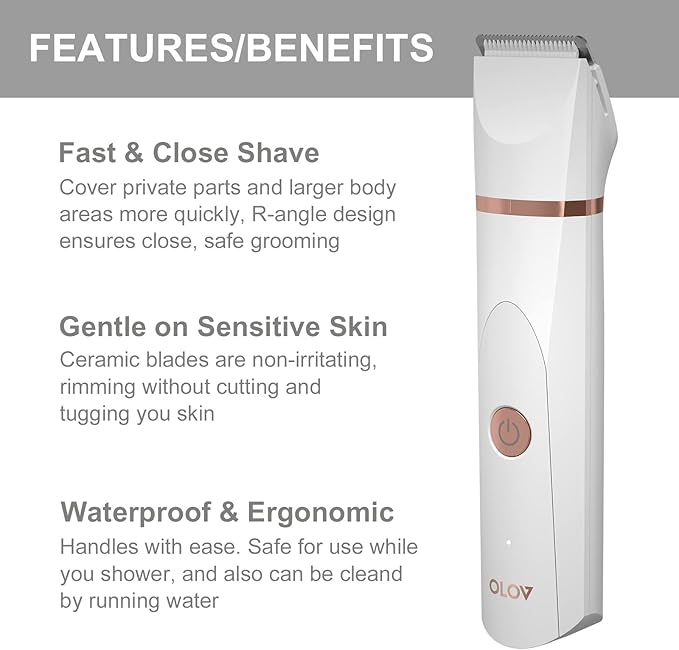OLOV Electric Body Hair Trimmer - Groin Trimmer for Men - Bikini Trimmer Women - Wet/Dry Shaver Groomer, Replaceable Ceramic Blade Heads, USB Recharge Dock, Waterproof Hygiene Razor, White-Velvo Beauty