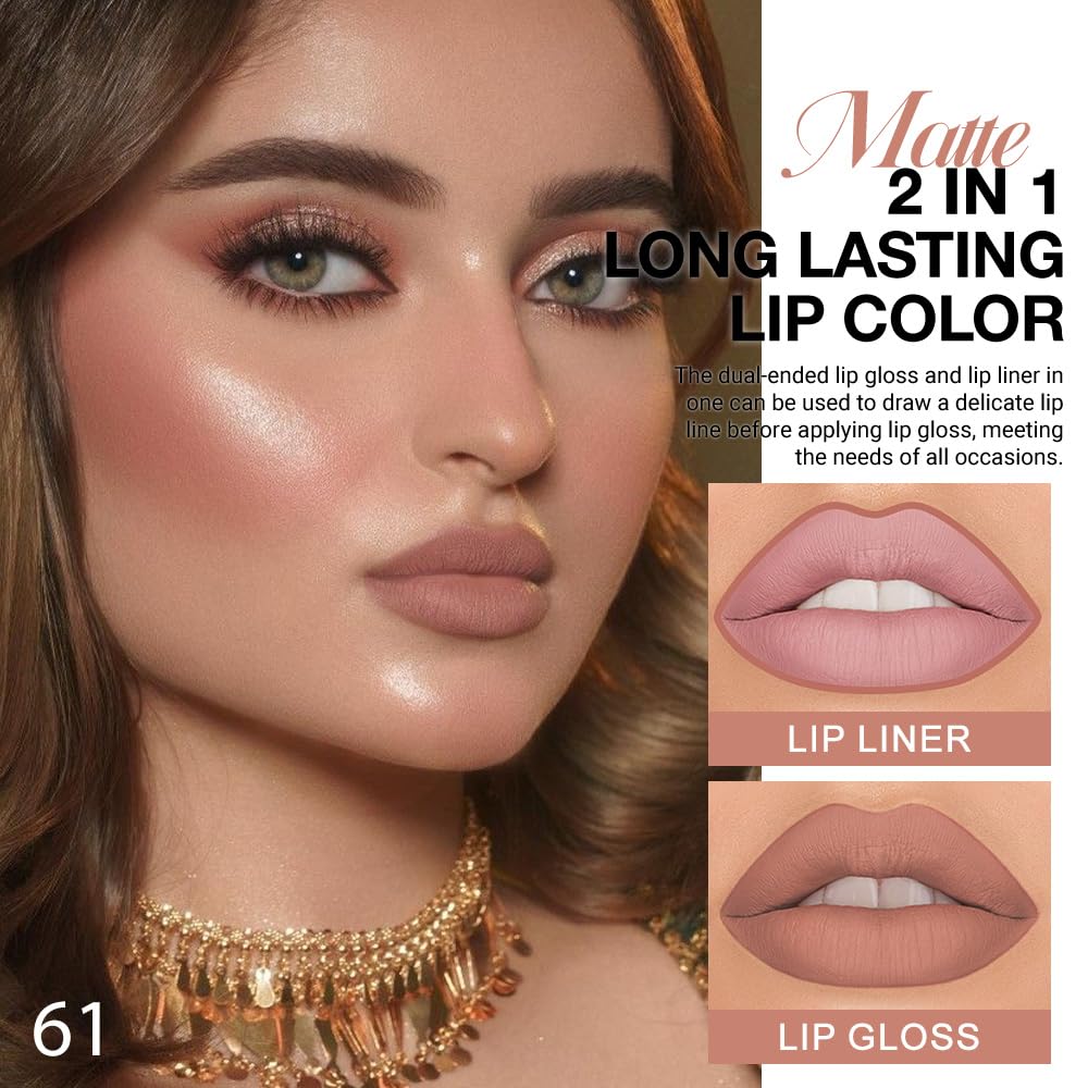 evpct 1Pcs Nuetral Nude Matte Lip Liner & Liquid Lipstick Stain Makeup Set for Women, Nude Lip Liner Stain Long Lasting Waterproof Smudge Proof, Cruelty Free Lip Stick Makeup 24 hours originales, 61-Velvo Beauty