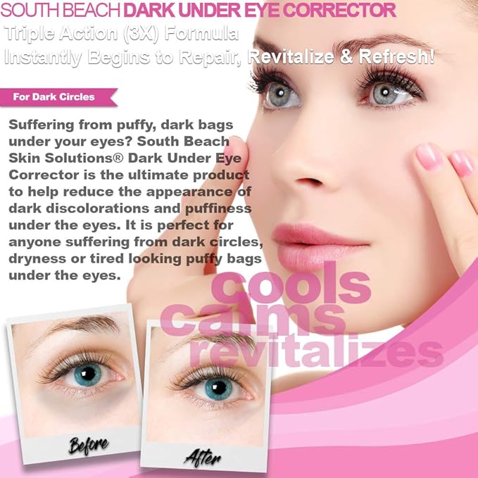 South Beach Dark Under Eye Corrector - Natural Salon Strength Anti Aging Under Eye Cream Treatment - Perfect for Tired Looking Dark Circles, Puffiness, Dark Bags, Dryness - Safe, No Harmful Chemicals-Velvo Beauty