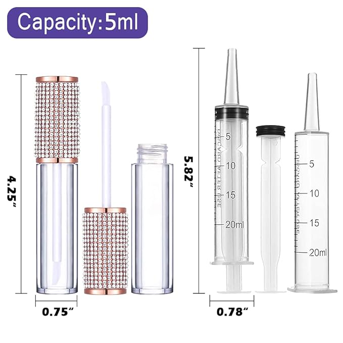 AMORIX 24 Pack Crystal Rhinestone Lip Gloss Tubes with Wand 5ml Empty Lip Gloss Containers Lipgloss Bottles with Stoppers 2pcs Syringes + Labels for DIY Lip Gloss Balm-Velvo Beauty
