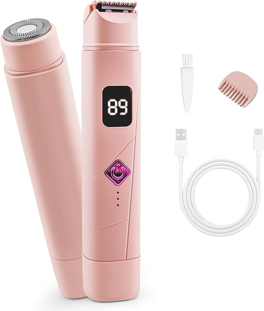 Bikini Trimmer for Women - 2 in 1 Women Electric Shaver Dual Head IPX7 Waterproof Wet & Dry Use Body Hair Trimmer and Facial Hair Remover for Bikini Underarm Leg Arm Body Face, Pink-Velvo Beauty