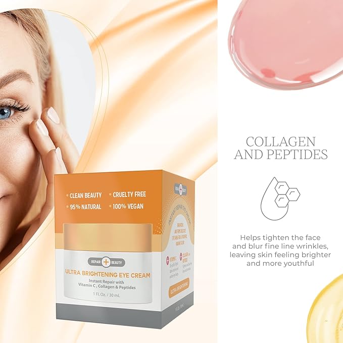 Vitamin C, Collagen and Peptides Eye Cream - Reduces Dark Circles, Puffiness & Eye Bags, Brightening Under Eye Cream - Cruelty Free Korean Skin Care For All Skin Types - 1.0 Fl. oz/ 30ml-Velvo Beauty
