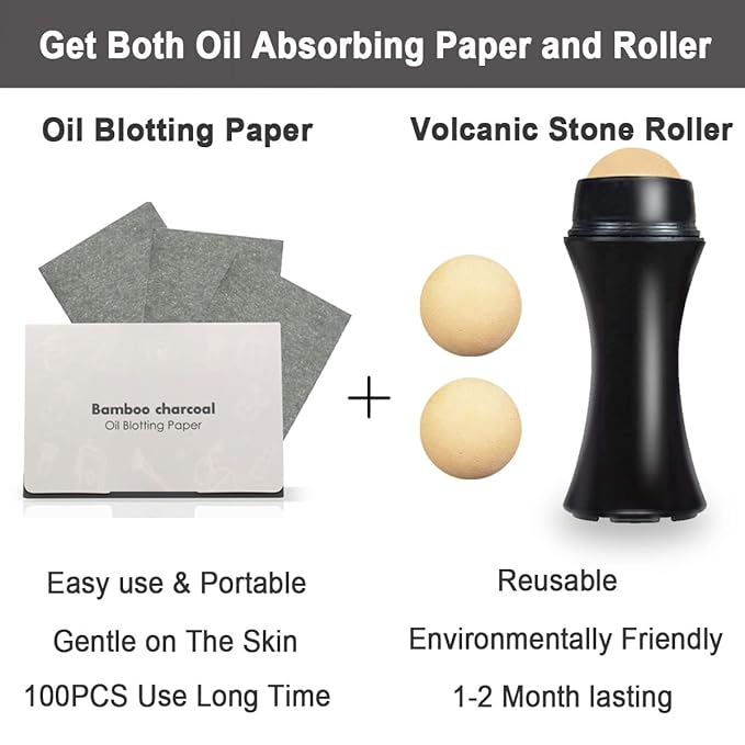 103 PCS Volcanic Roller Oily Skin Oil Control On The Go Volcanic Face Roller Oil Absorbing Volcanic Roller with Oil Blotting Sheet Paper for Oily Skin Care Oil Control Film Tissues(Type1)-Velvo Beauty