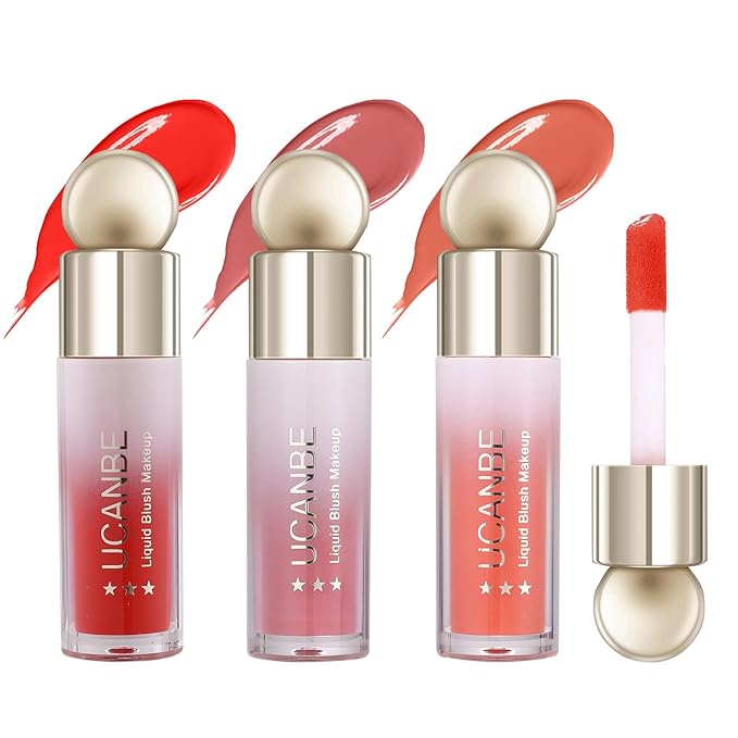 UCANBE 3PCS Liquid Blush Makeup Set – Dewy Cream Cheek Tint for Face – Blendable Long-Lasting Lightweight Natural Flushed Look (Cherry Red, Cool Pink, Light Orange)-Velvo Beauty