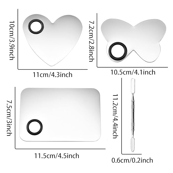 6 in 3 Set Makeup Mixing Palettes, 2 Pcs Stainless Steel Nail Art Palette with 2 Makeup Spatula for Foundation Makeup Tools Eyeshadow Nail Art (4 in 2 Silver Heart Rectangular)-Velvo Beauty