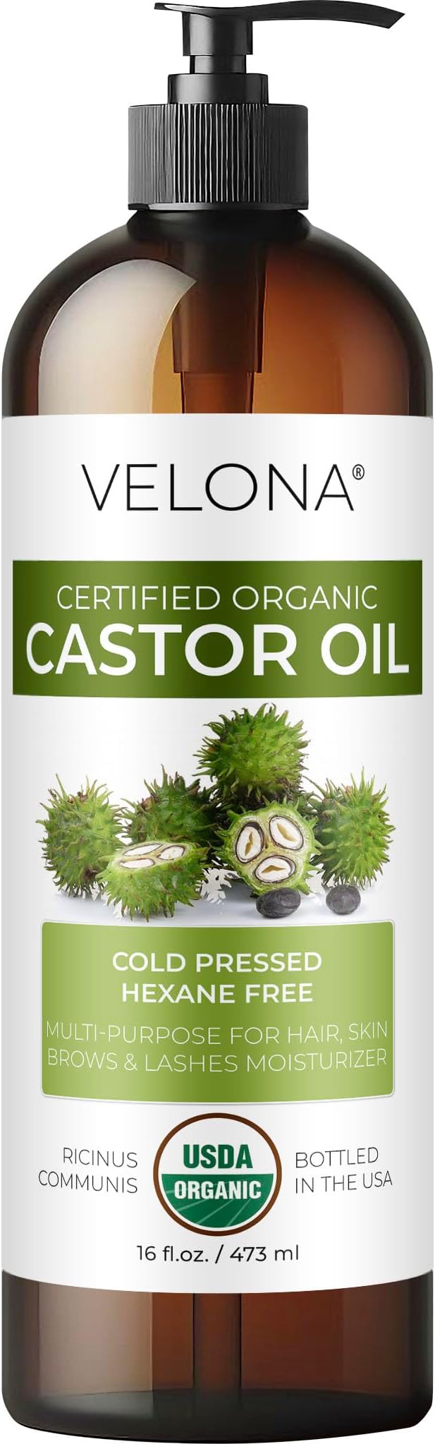 velona USDA Certified Organic Castor Oil - 16 fl oz (With Pump) | For Hair Growth, Boost Eyelashes, Eyebrows | Cold pressed, Natural Oil, USP Grade | Hexane Free, Lash Serum, Caster-Velvo Beauty