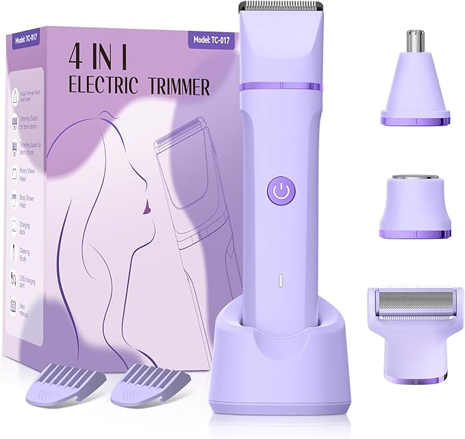 Electric Razors for Women - 4 in 1 Bikini Trimmer for Women, Waterproof Body Pubic Shaver for Womens Wet & Dry Use, Replaceable Facial & Nose Hair Trimmer, Rechargeable Hair Removal Kit, Purple-Velvo Beauty