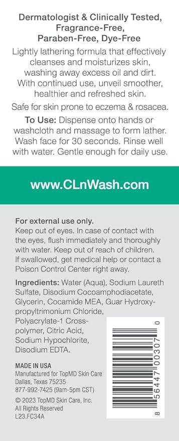 CLn® Facial Cleanser - Hydrating Facial Cleanser with Glycerin, For Skin Prone to Dryness, Eczema, Redness, Irritation & Acne Sensitivity, Fragrance-Free & Paraben-Free, 3.4 fl. oz.-Velvo Beauty