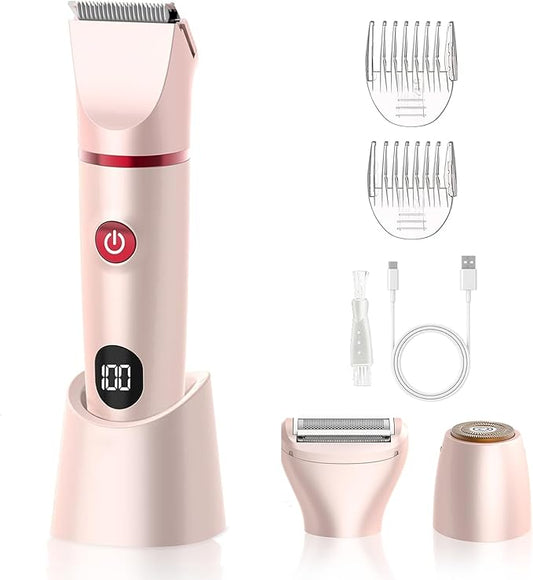 3-in-1 Bikini Trimmer for Women, Electric Razors Shaver for Public Hair - Rechargeable Body Hair Trimmer, Portable Detachable Removal Kit, lPX7 Waterproof Lightweight with LED Display, Gift for Women-Velvo Beauty