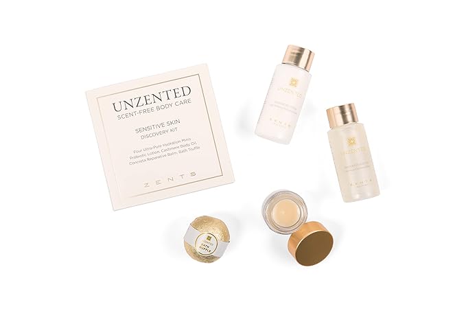 Zents Unscented 4-pc Mini Set, Moisturizing Body Care for Sensitive Skin, Gentle Enough for Eczema & Psoriasis, With Probiotic Lotion, Body Oil, Reparative Balm, and Truffle Bath Bomb-Velvo Beauty