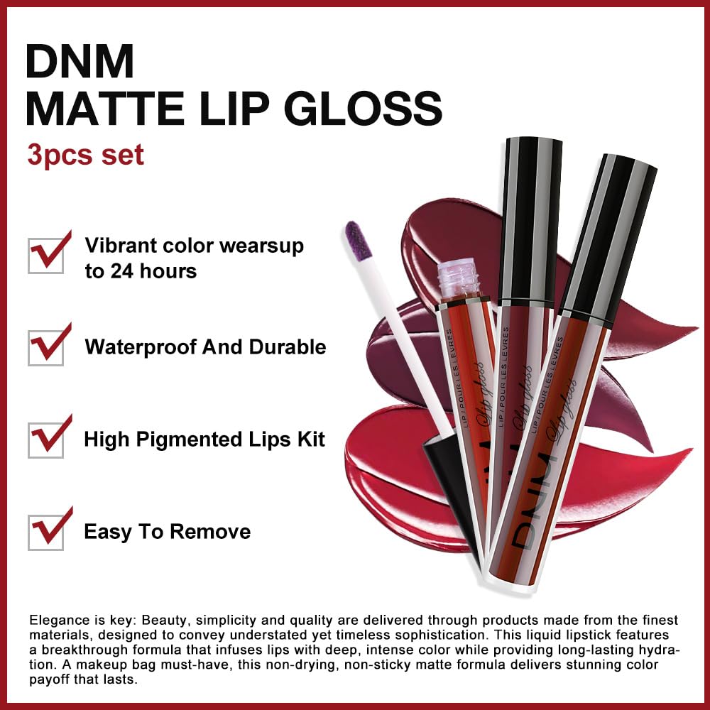 evpct 3Pcs Dark Red Deep Red Oxblood Red Matte Liquid Lipstick Lip Stain Sets for Women Matte+Lipstick Long Lasting Permanent 24 hr Hours Magic Lipstick 24 Hours original Waterproof 26-Velvo Beauty