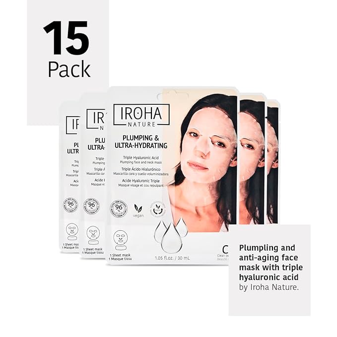 IROHA NATURE Replumping & Anti-Aging Tissue Face Mask (Pack of 15) | With Triple Hyaluronic Acid | Deep Hydration & Anti-Aging Effect | Softer, Calmer Skin | 100% Vegan-Velvo Beauty