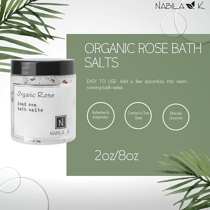 Organic Rose Bath Salts by Nabila K - Dead Sea Salt & Epsom Salt Scrub & Soak - Exfoliates & Hydrates Skin, Botanical Essential Oils - Bubble Bath Accessories for All Skins Types, 2 oz-Velvo Beauty