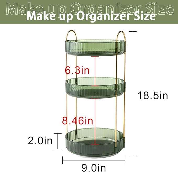Rotating Makeup Organizer for Vanity, High-Capacity Skincare Clear Make Up Storage Perfume Organizers Cosmetic Dresser Organizer Countertop 360 Spinning (Green, 3 Tier)-Velvo Beauty