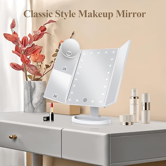 HUONUL Makeup Mirror Vanity Mirror with Lights, 2X, 3X, 10X Magnification, Touch Control, Trifold, White, 9.4" L x 13.4" W, Modern Style, Dresser Mount, Bathroom-Velvo Beauty