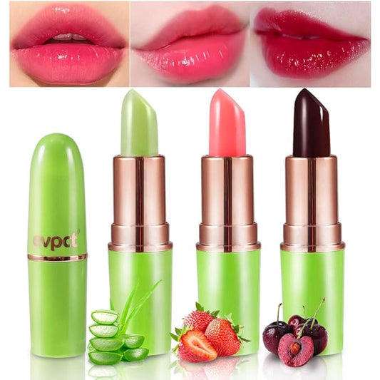 evpct 3Pcs Magic Color Changing Lipstick Long Lasting Waterproof 24 Hours Original for Women, Aloe Vera Strawberry Black Red Cherry PH Mood Permanent Color Changing Lipstick Lip Balm, labial magico-Velvo Beauty