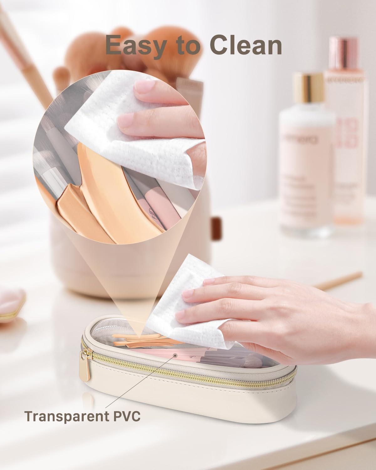 Clear Travel Makeup Brush Holder, Leather Makeup Brush Toiletry Bag, Portable Cosmetic Brush Case, Transparent Waterproof Makeup Brush Storage Bag, White-Velvo Beauty