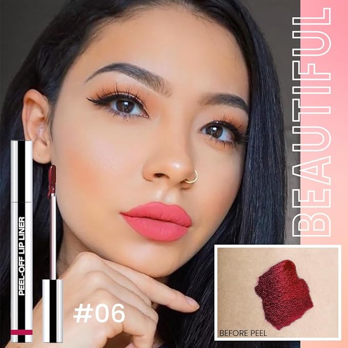 Peel Off Matte Liquid Lip Gloss Stain-Lip Liner with Tweezer, Pinkish Red Peel Off Lip Stain, Long Lasting & Waterproof Lipstick Tattoo, Transfer-Proof Lip Gloss for All Skin Types (06#, 1Pcs)-Velvo Beauty