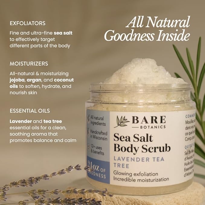 Bare Botanics Lavender Tea Tree Body Scrub 24oz | Made in Madison, WI | All Natural Sea Salt Exfoliator w/ Skin Loving Moisturizers | Vegan & Cruelty Free | Gift Ready Packaging w/ a Cute Wooden Spoon-Velvo Beauty