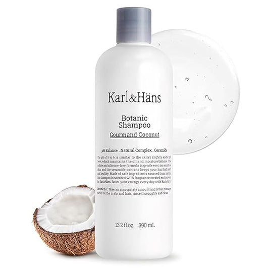 Karl&Hans Botanic Gourmand Coconut Vegan Shampoo Organic - Sulfate-Free, Moisturizing, Nourishing Shampoo with Coconut Oil&Natural Flower Extracts for Dry and Damaged Hair and Scalp Repair, 13.2 fl oz-Velvo Beauty