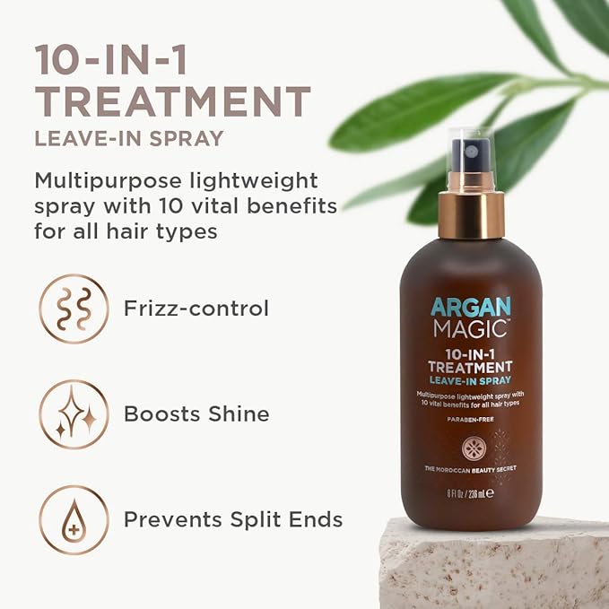 Argan Magic 10 in 1 Hair Treatment & Stylizing Multipurpose Leave in Spray for all Hair Types | Made in USA | Paraben Free | Cruelty Free (8 oz)-Velvo Beauty