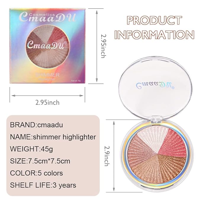 evpct Shimmer Highlighter Highlight Makeup Contour Palette iluminadores de maquillaje, 5 Colors Highlighter+Makeup White Shimmer Blush Bronzer and Makeup Highlighter Powder Palette Illuminators B02-Velvo Beauty