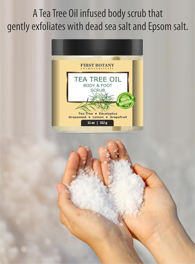 First Botany 100% Natural Tea Tree Oil Body & Foot Scrub with Salt - Best for Acne, Dandruff and Warts, Corns, Calluses, Athlete foot, Jock Itch & Body Odor-Velvo Beauty