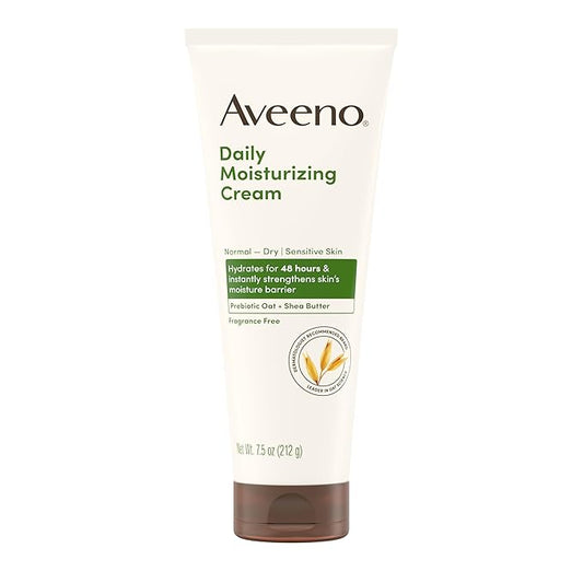 Aveeno Daily Moisturizing Cream with Prebiotic Oat & Shea Butter, Body, Face & Hand Cream for Normal to Dry, Sensitive Skin Hydrates for 48 Hours, Fragrance Free & Non-Comedogenic, 7.5 oz-Velvo Beauty