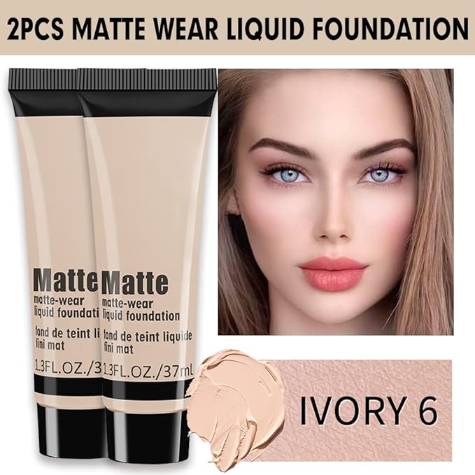 2 Pack Liquid Foundation Cream for Face Makeup,Durable Full Coverage Matte Concealer Make Up,Oil Control & Waterproof Base Primer -1+1 Fl.Oz (IVORY 6#)-Velvo Beauty