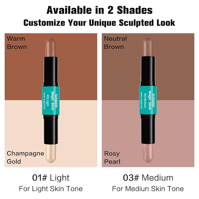 Contour Stick, 2Pcs Dual-Ended Highlighter Makeup Pen & Contouring Stick for Face Shaping, Long Lasting Waterproof Cream Bronzer & Highlight Sticks Make Up Kit for All Skin Tones(01# + 03#)-Velvo Beauty