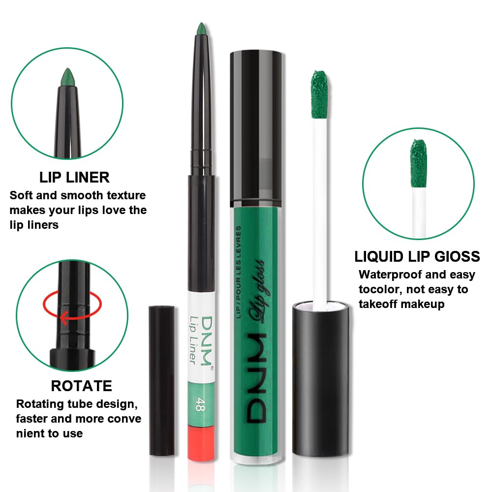 evpct 2Pcs Emerald Forest Green Matte Liquid Lipstick Lip Gloss Stain and Retractable Lip Liner Makeup Set for Women Long Lasting Waterproof 24 Hours Lipstick labial mate larga duracion 24 48#-Velvo Beauty