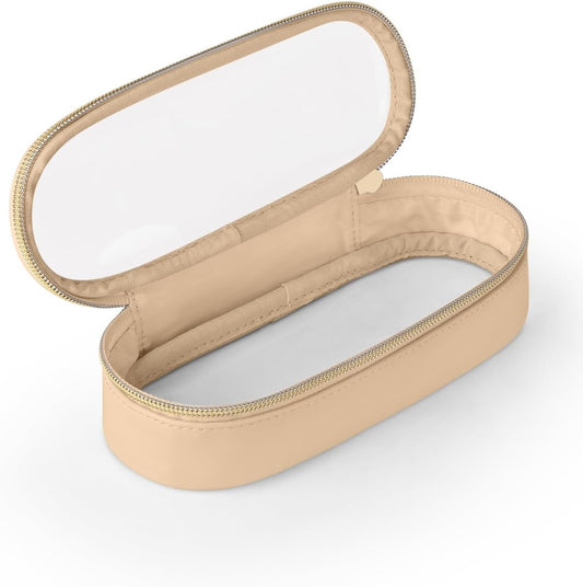 Clear Travel Makeup Brush Holder, Leather Makeup Brush Toiletry Bag, Portable Cosmetic Brush Case, Transparent Waterproof Makeup Brush Storage Bag, Khaki-Velvo Beauty