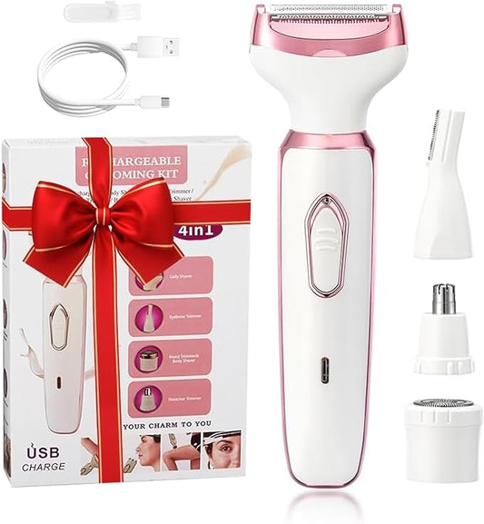 Women's Electric Razor Bikini Trimmer, 4-in-1 Cordless Shaver for Face, Legs, Underarms, Pubic Hair – Wet/Dry Use, Painless Hair Removal-Velvo Beauty