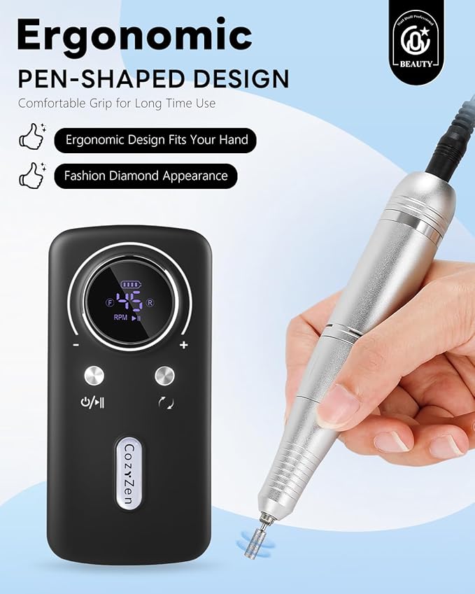 CozyZen Cordless Nail Drill Professional: 45000 RPM Rechargeable Electric Nail File Kit, Portable & Low Noise for Acrylic, Gel Nails, Manicure & Pedicure - Salon & Home Use-Velvo Beauty