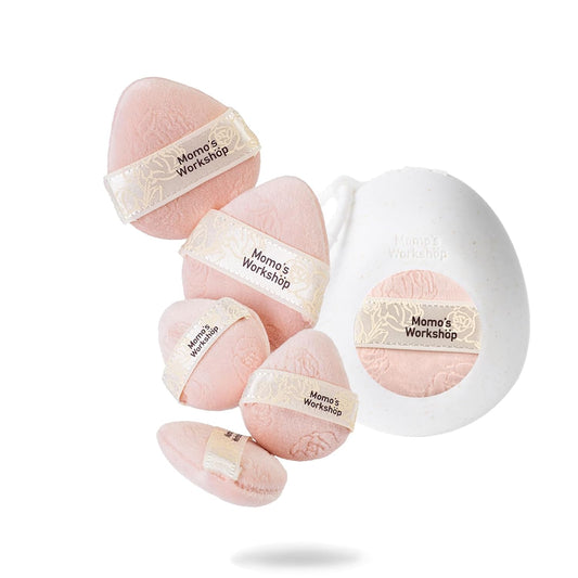 Pink Velvet Powder Puffs, Laser-Cut Rose Design, Dual-Sided, Travel Size & Wide M Size for Pressed Powder, Blush & Contour,5pcs Plush Puffs & Storage Case-Velvo Beauty