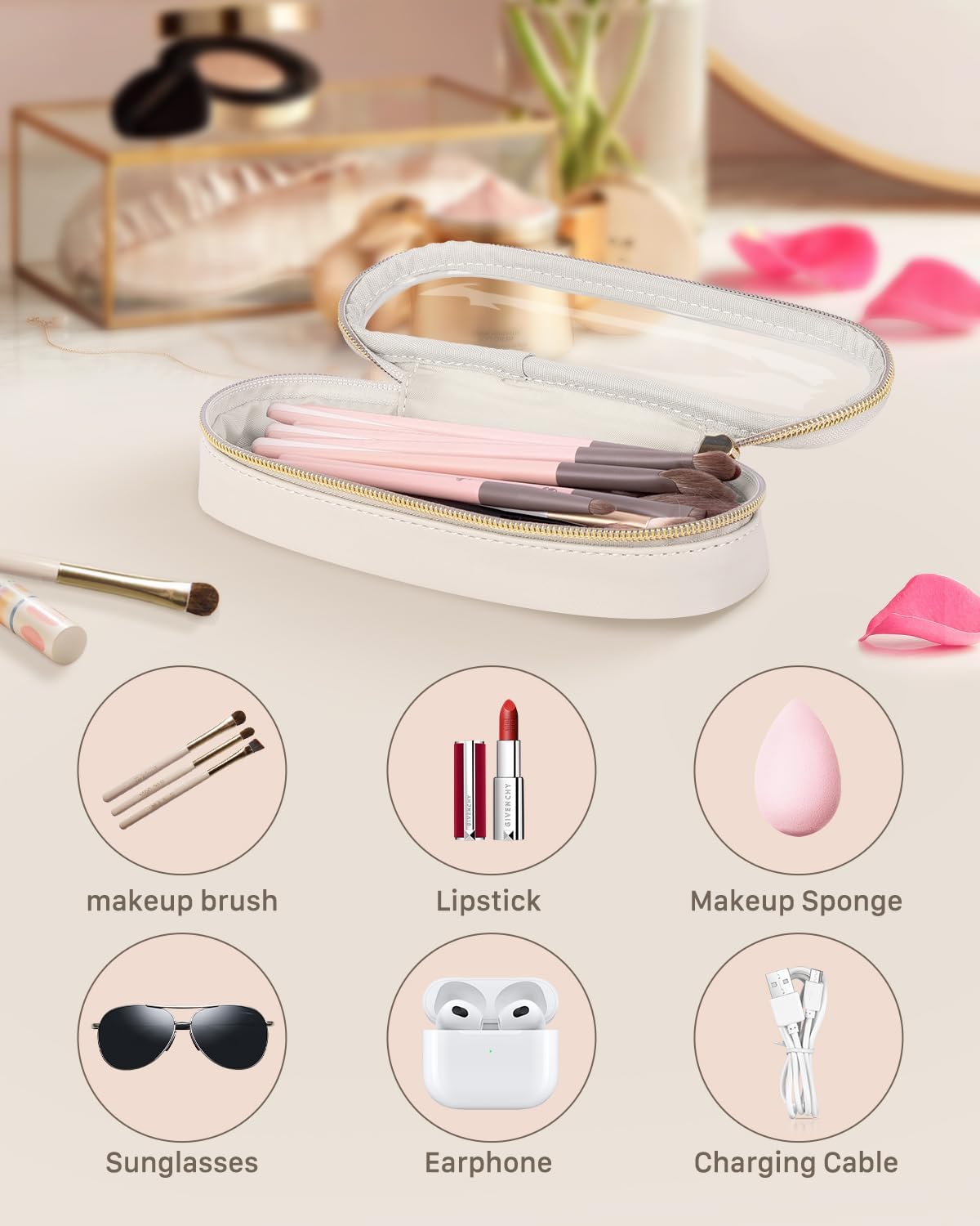 Clear Travel Makeup Brush Holder, Leather Makeup Brush Toiletry Bag, Portable Cosmetic Brush Case, Transparent Waterproof Makeup Brush Storage Bag, White, Large-Velvo Beauty