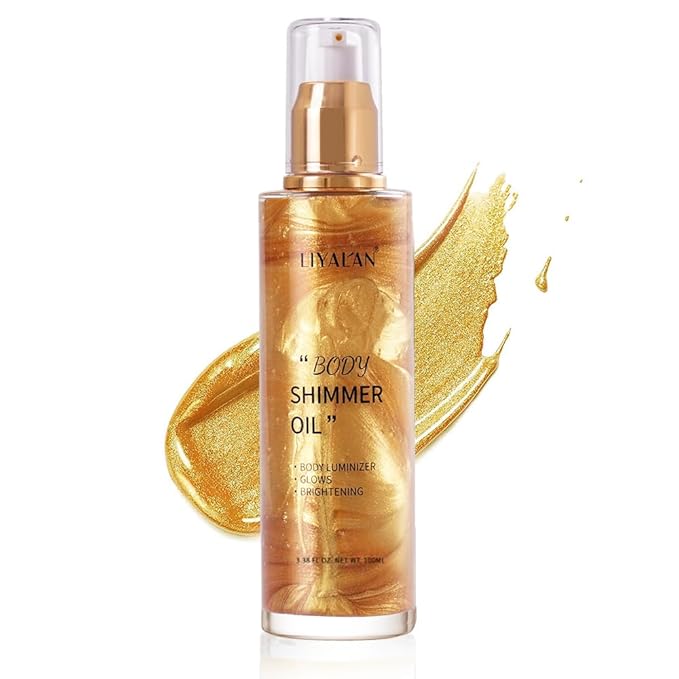 Liyalan Shimmer Body Oil 5 Color Gold 3.38 Fl Oz Face Glow Pearl Highlighter Illuminator Body Makeup Shine Glitter Gold Liquid Taning-Velvo Beauty