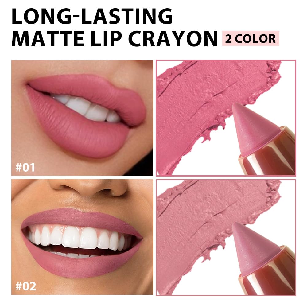 BINGBRUSH Matte Lip Crayon Set – Longwear, Waterproof, Velvet Finish, Built-in Sharpener, Smooth Lip Liner & Gloss (01#+02#, 2 Count (Pack of 1))-Velvo Beauty