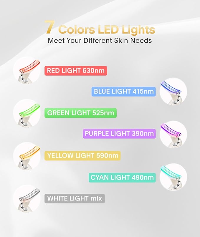 Red Light Therapy for Face and Neck, 7 Color Beauty Face Massager Tool, Vibrating Facial Massager with Thermals for Wrinkles, Double Chin, Glossy White-Velvo Beauty