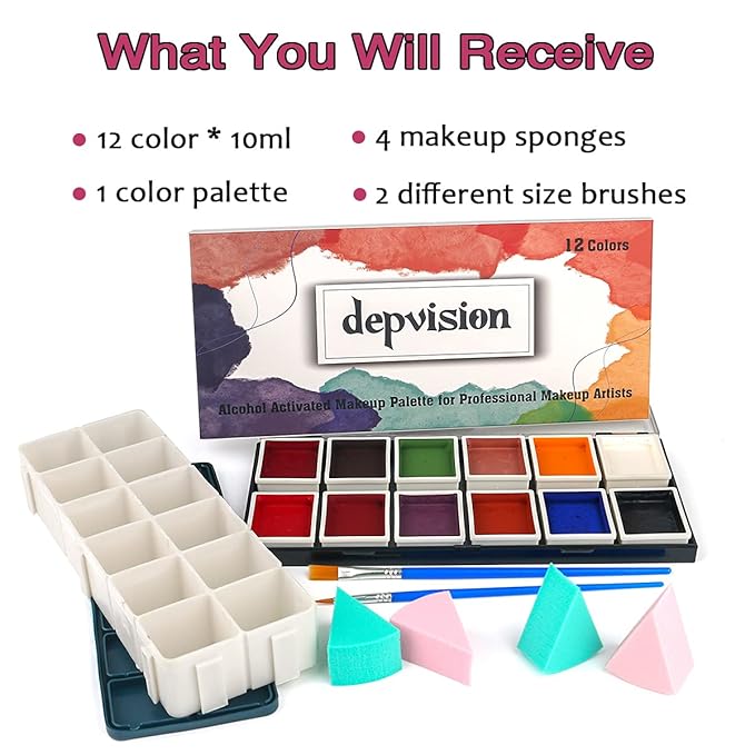 Depvision Alcohol Activated Face Paint SFX Makeup 12 color for Special Effects Wound Bruise Waterproof Professional Makeup Artist with Color Palette Sponges Brushes Skin Illustrator-Velvo Beauty