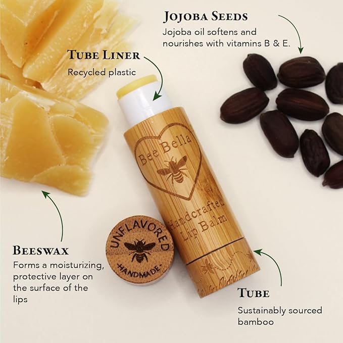 Bee Bella Lip Balm, Unscented (Unflavored), 3 Pack - Hydrating, Moisturizing Lip Care, 100% Natural, Original Organic Beeswax with Vitamin E, Handmade in USA-Velvo Beauty