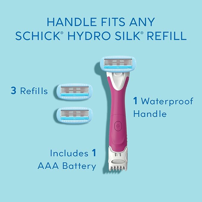 Schick Hydro Silk TrimStyle Razor with Bikini Trimmer for Women | 2-in-1 Bikini Razor for Women and Womens Trimmer for Pubic Hair, Includes 1 Waterproof Handle, 3 Refills & 1 AAA Battery-Velvo Beauty