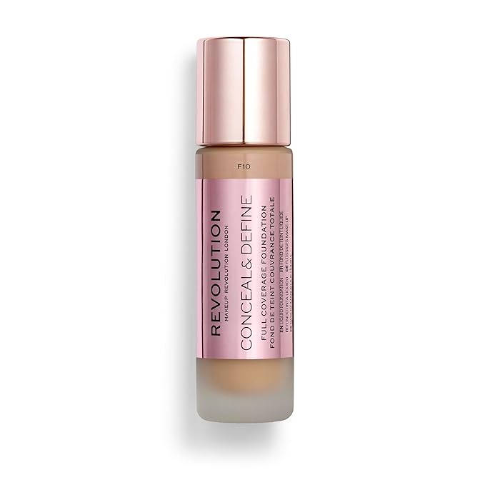 Revolution Beauty, Conceal & Define Foundation, Full Coverage, Long-Lasting Matte Finish, Vegan & Cruelty Free, F10 Medium Skin Tones, 0.8 Fl.Oz.-Velvo Beauty