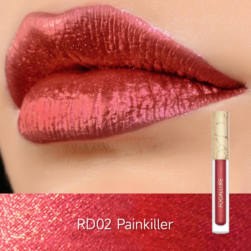FOCALLURE Metallic Liquid Lipstick,Non Stick Cup Lip Gloss,High Impact Lip Color with Transfer-proof Wear,Long Lasting & Waterproof Lipstick Makeup for Women,RD02 Painkiller-Velvo Beauty