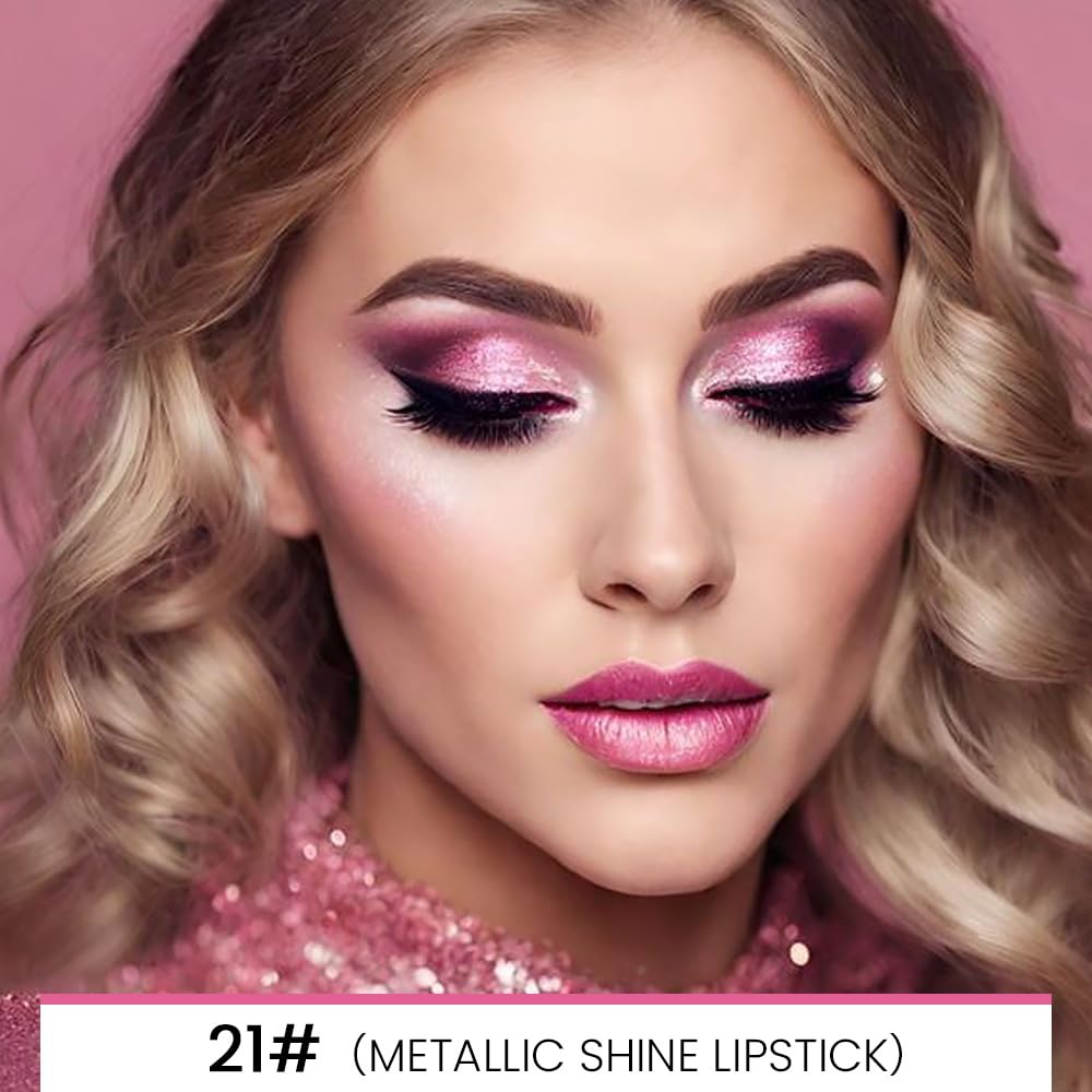 Kaely 2-in-1 Rose Pink Metallic Shine Shimmer Lip Liner & Lipstick Combo Set Kit for Women, Lightweight Hydrating Formula High Impact Full Coverage Lipstick and Lip Liner Makeup Stains Gloss 21-Velvo Beauty