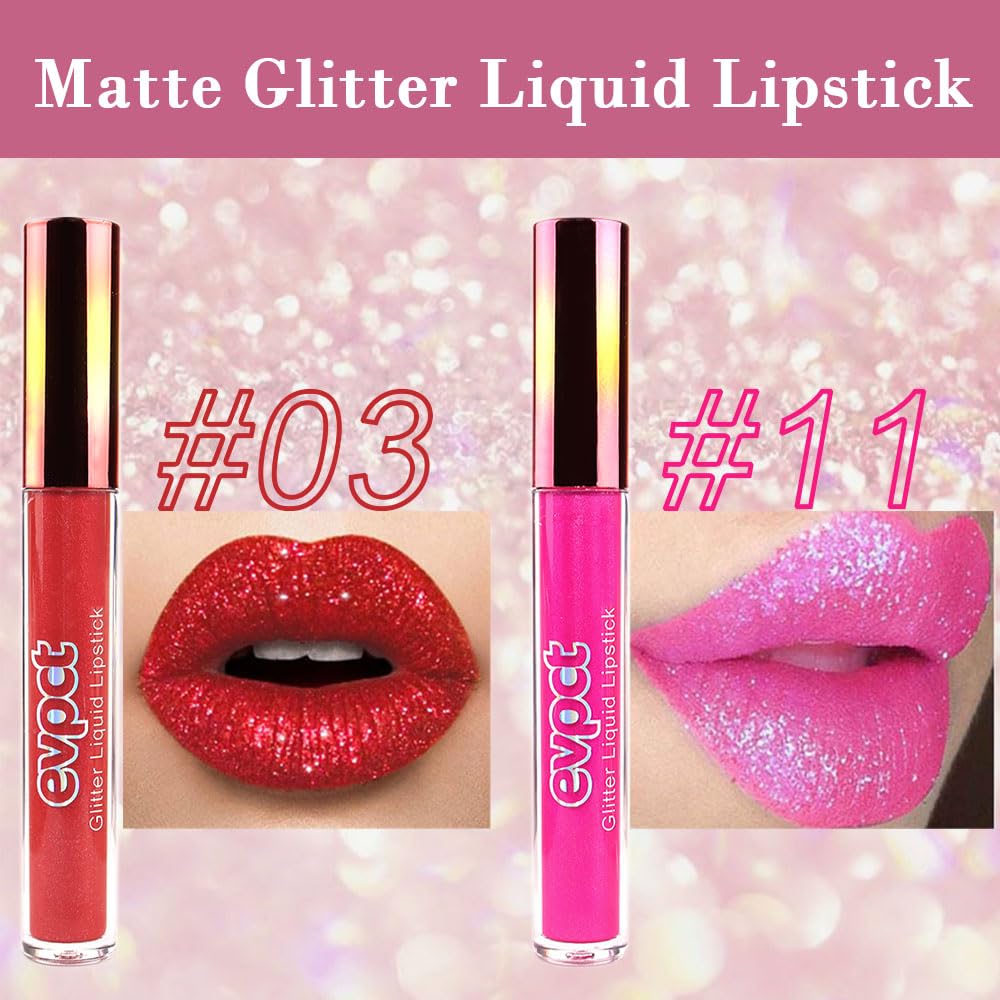 evpct 2Pcs Ruby Red Rose Pink Matte to Glitter Liquid Lipstick Set Kit for Women Long Lasting Glossy Metallic Shimmer Sparkle Lipstick Lip Gloss 3+11-Velvo Beauty