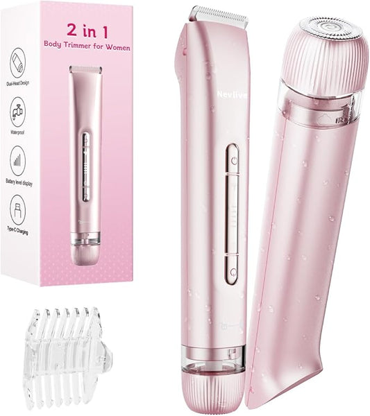 Bikini Trimmer for Women, 2-in-1 Electric Lady Shaver for Bikini Line & Sensitive Areas – IPX7 Waterproof Wet & Dry Razor for Underarms, Legs, Arms, Body & Face, USB-C Rechargeable, Pink-Velvo Beauty
