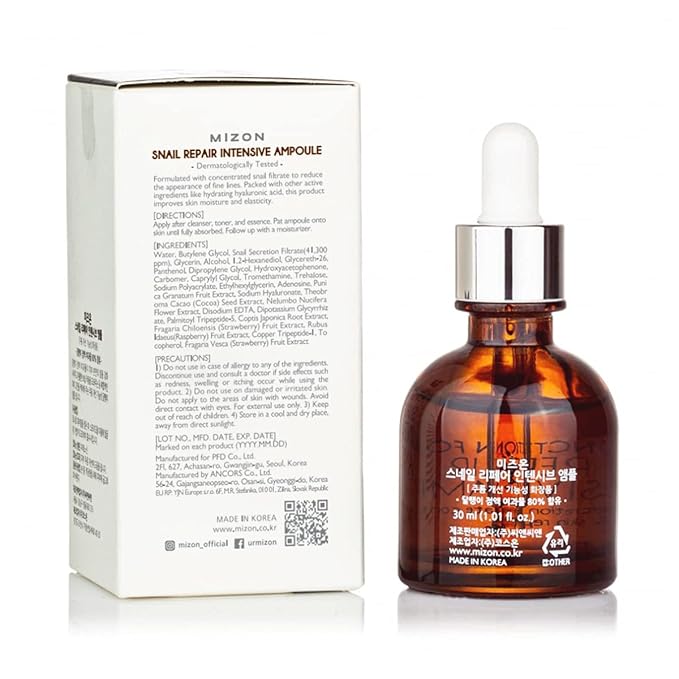 MIZON Snail Repair Intensive Ampoule with Snail Mucin, Hyaluronic Acid & Vitamin E – Hydrating & Wrinkle Care Serum for Skin Elasticity & Repair (1.01 fl oz)-Velvo Beauty
